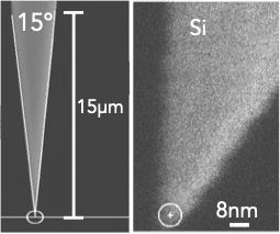 AFM probe tip image with two sections: 15 µm tip profile and apex zoom showing radius below 10 nm