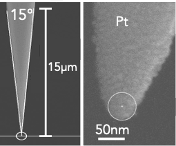 FM tip image with two panels: left shows tilted tip geometry (>30 µm,