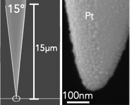 AFM tip image with two panels: left shows tilted >30 µm tip with
