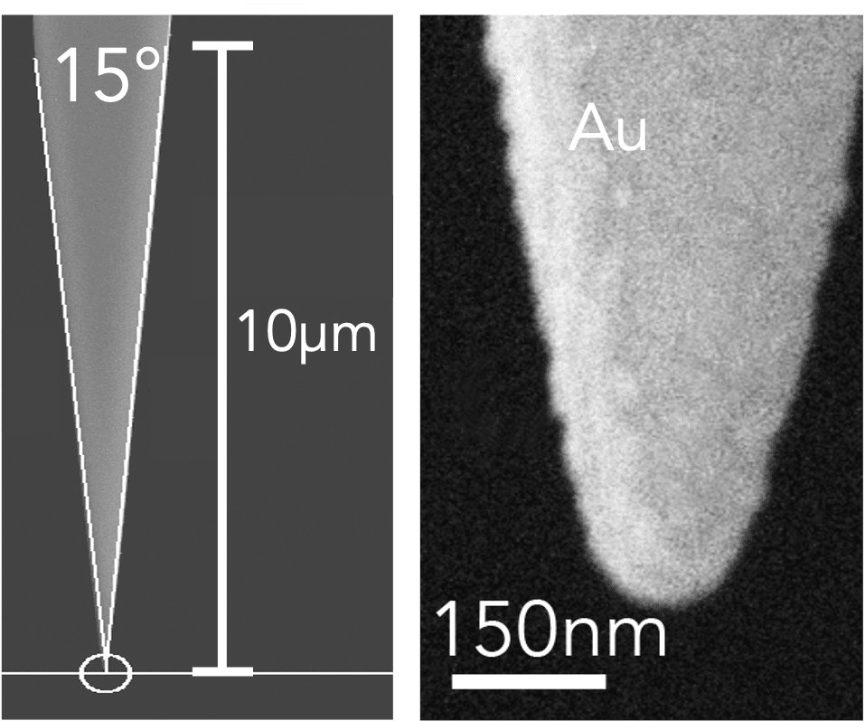 AFM tip image with two panels: left shows tilted >30 µm tip with