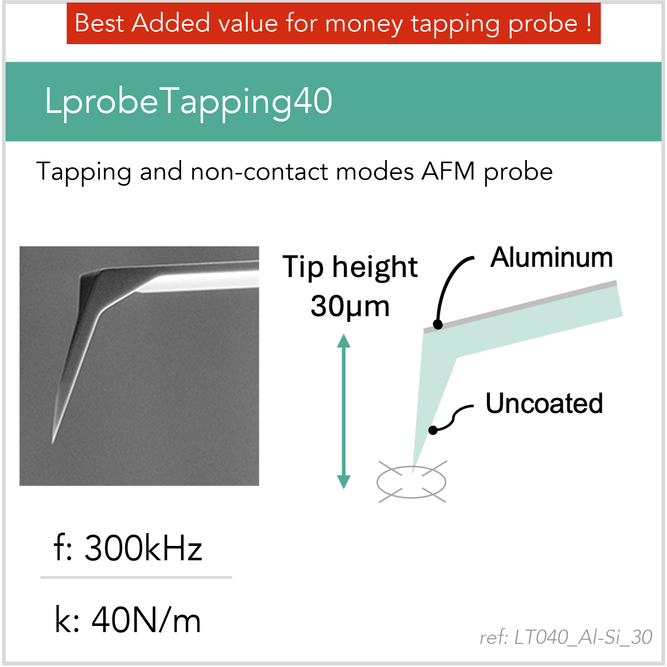 3D schematic of Vmicro LT040 Al-Si 30 AFM probe for tapping mode AFM measurements