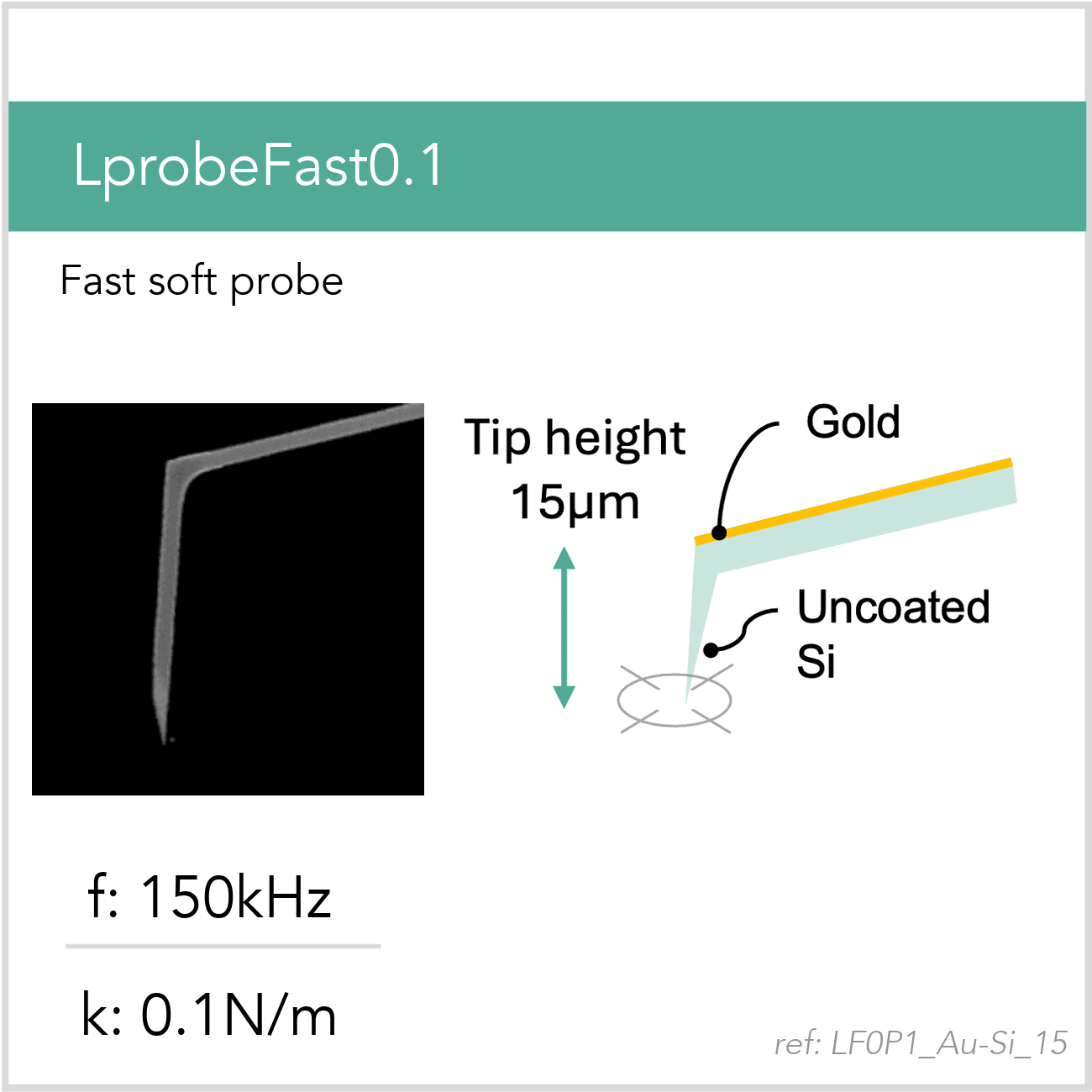 3D schematic of Vmicro LF0P1 Au-Si 15 AFM probe for WaveMode-compatible AFM measurements