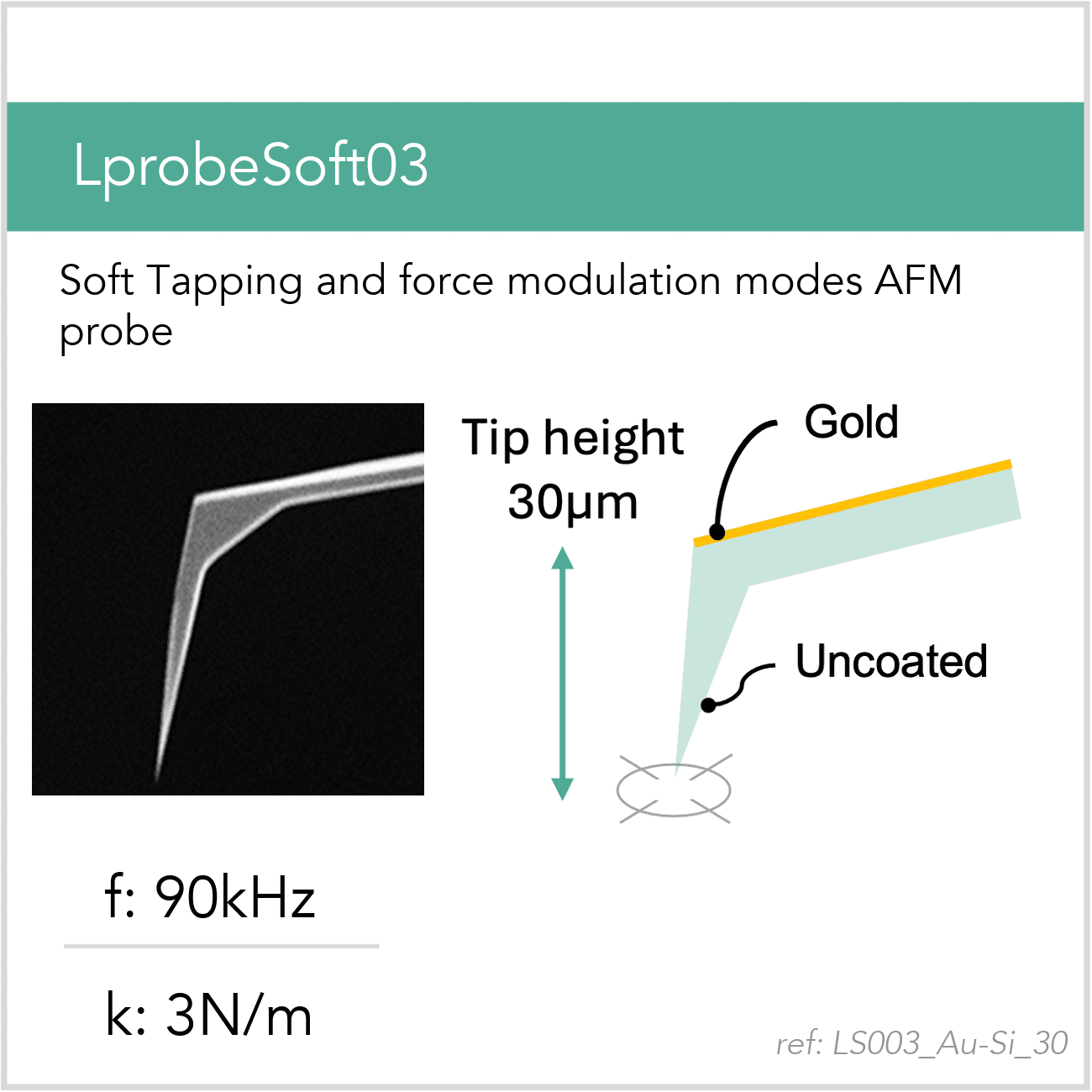 3D schematic of Vmicro LS003 Au-Si 30 AFM probe for force modulation AFM measurements
