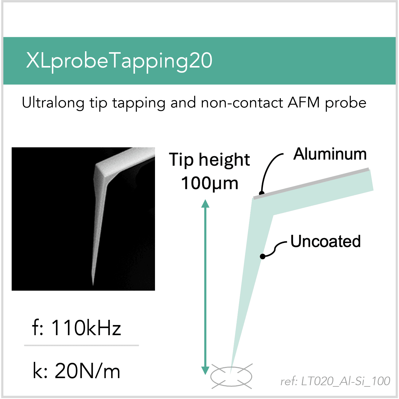 3D schematic of Vmicro LT020 Al-Si 100 AFM probe for tapping mode AFM measurements