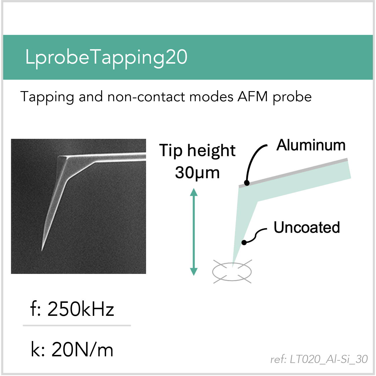 3D schematic of Vmicro LT020 Al-Si 30 AFM probe for tapping mode AFM measurements