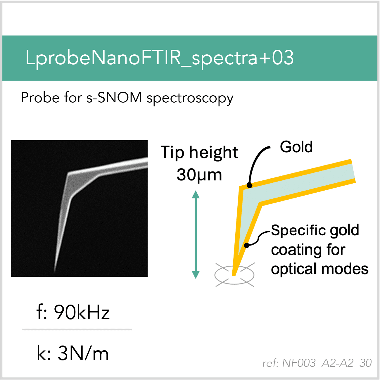 3D schematic of Vmicro NF003 A2-A2 30 AFM probe for s-SNOM near-field imaging and spectroscopy