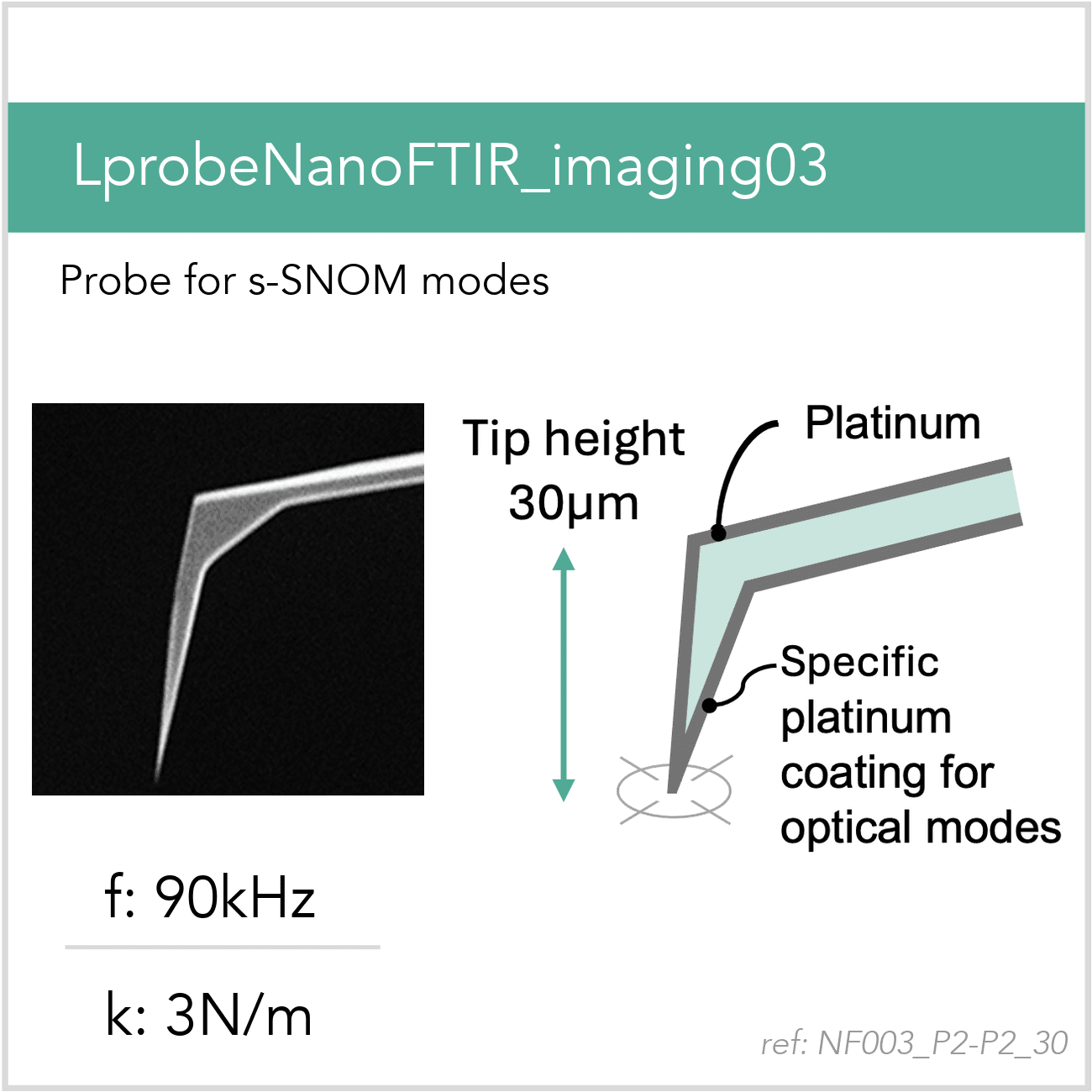 3D schematic of Vmicro NF003 P2-P2 30 AFM probe for s-SNOM near-field imaging and spectroscopy