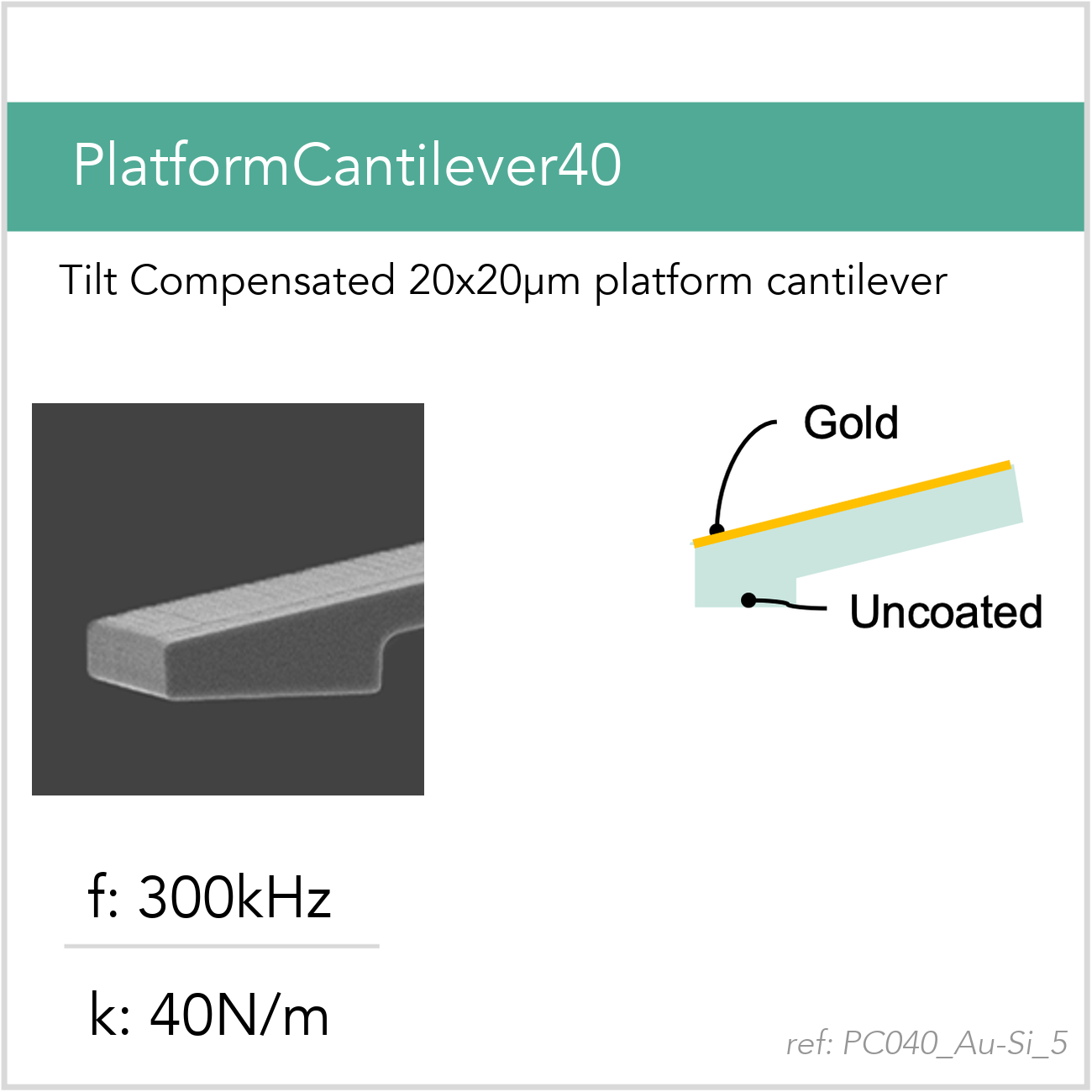 3D schematic of Vmicro PC040 Au-Si 5 AFM probe for platform cantilever AFM measurements