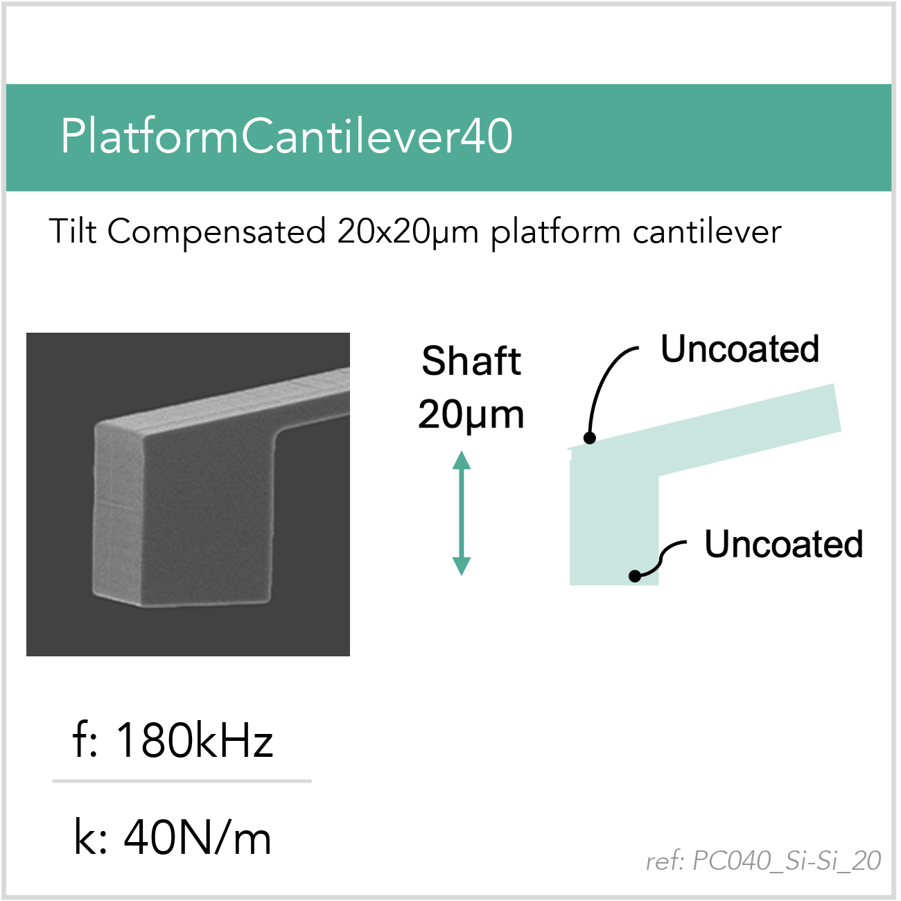 3D schematic of Vmicro PC040 Si-Si 20 AFM probe for platform cantilever AFM measurements