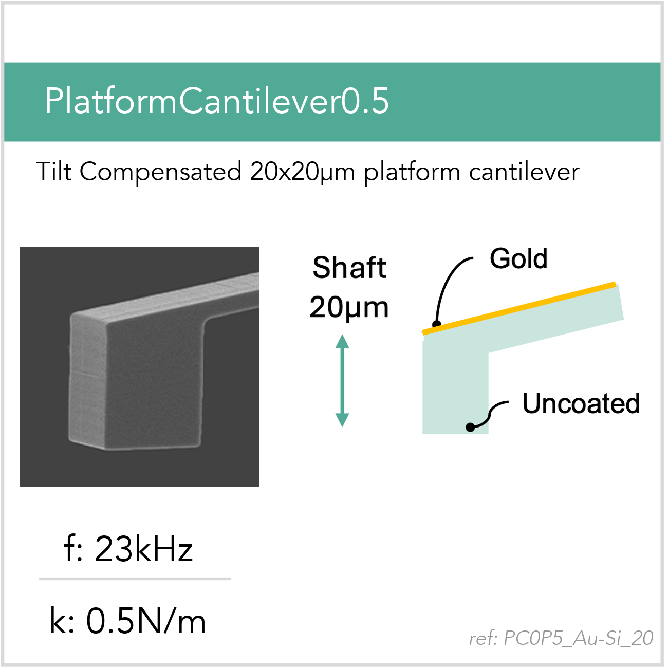 3D schematic of Vmicro PC0P5 Au-Si 20 AFM probe for platform cantilever AFM measurements