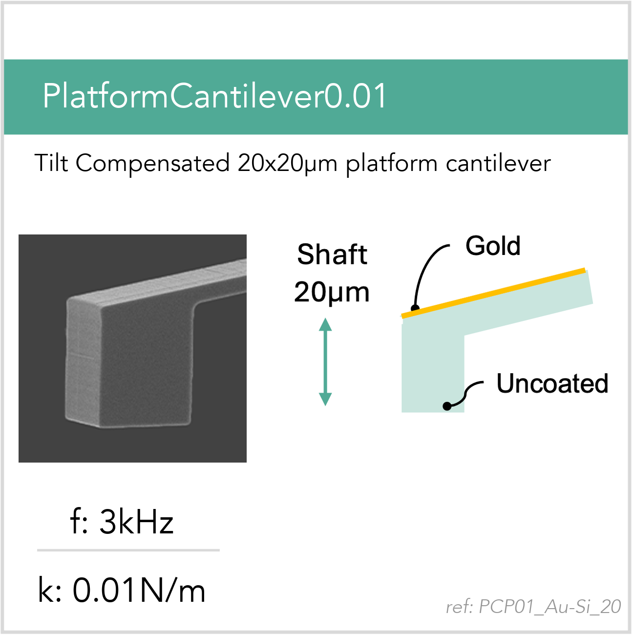 3D schematic of Vmicro PCP01 Au-Si 20 AFM probe for platform cantilever AFM measurements