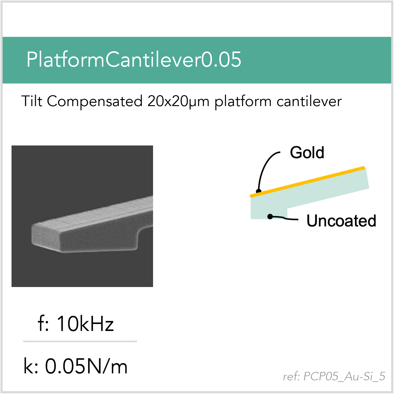 3D schematic of Vmicro PCP05 Au-Si 5 AFM probe for platform cantilever AFM measurements