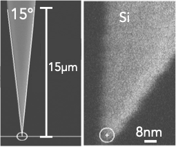 s-SNOM THz AFM tip image with two panels: left 100 µm tip profile, right apex zoom (75 nm).