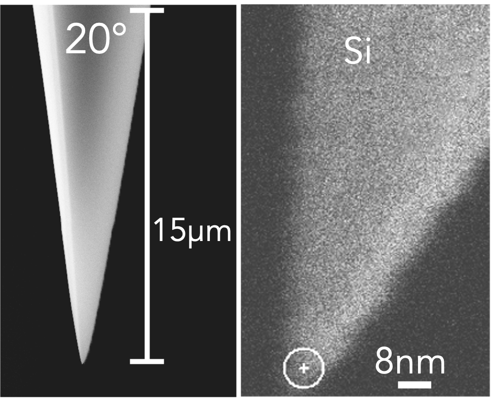 AFM tip image with two panels: left 30 µm tip profile, right apex zoom (